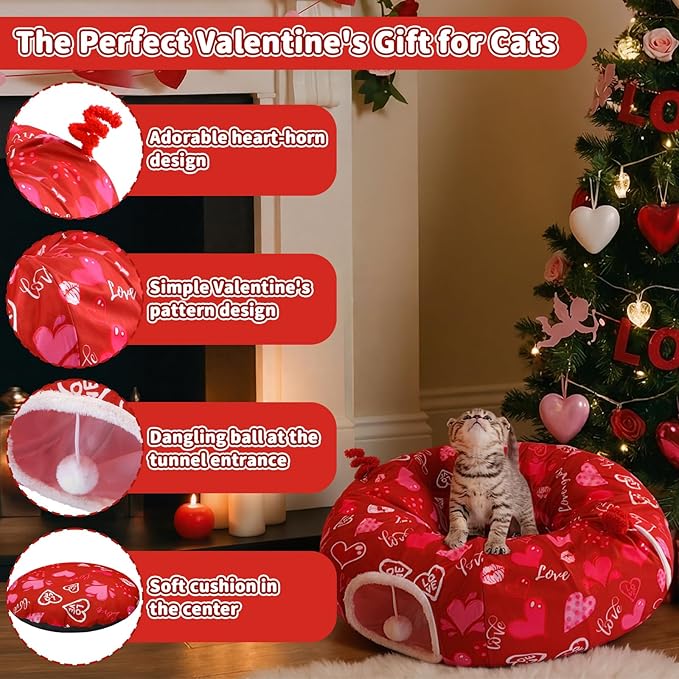 Valentines Day Cat Beds for Indoor Cute Red Love Heart Valentine Cat House Donut Tunnel Toys with Washable Circle Cushion, Round Pet Peekaboo Cave Toy for Kitten/Puppy/Rabbit