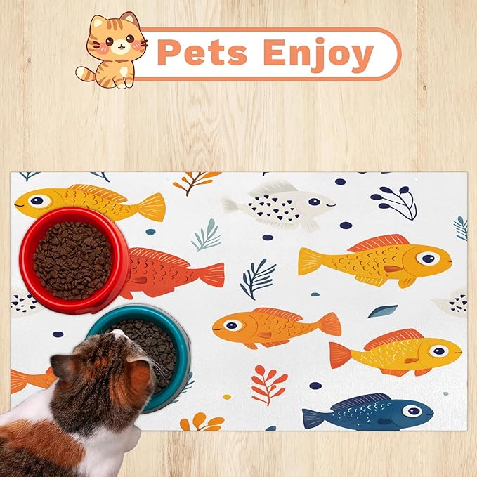 Cute Fish Dog Food Mat for Floors Absorbent Dog Bowl Mat for Food and Water Dispenser Quick Dry Cat Food Placemat Pet Supplies 17" x 30", Coral