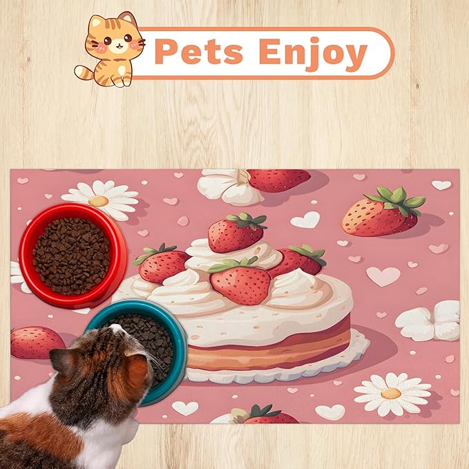 Strawberry Cake Dog Food Mat for Floors Absorbent Dog Bowl Mat for Food and Water Dispenser Quick Dry Cat Food Placemat Pet Supplies 16" x 24", Daisy Flower