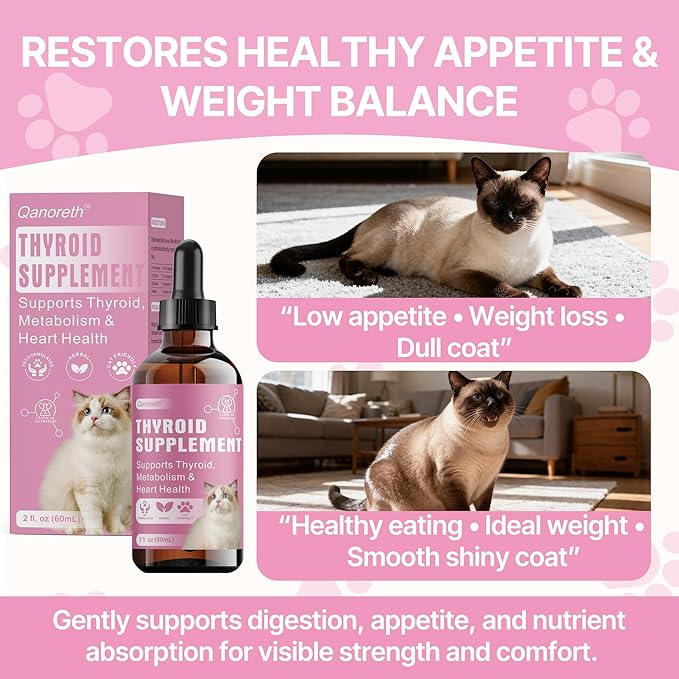 Thyroid Support for Cats, Natural Cat Appetite Stimulant & Cat Weight Gainer Drops – Helps Support Metabolism, Energy & Weight Gain for Cats – Vet-Formulated Herbal Liquid Supplement, 2 fl oz
