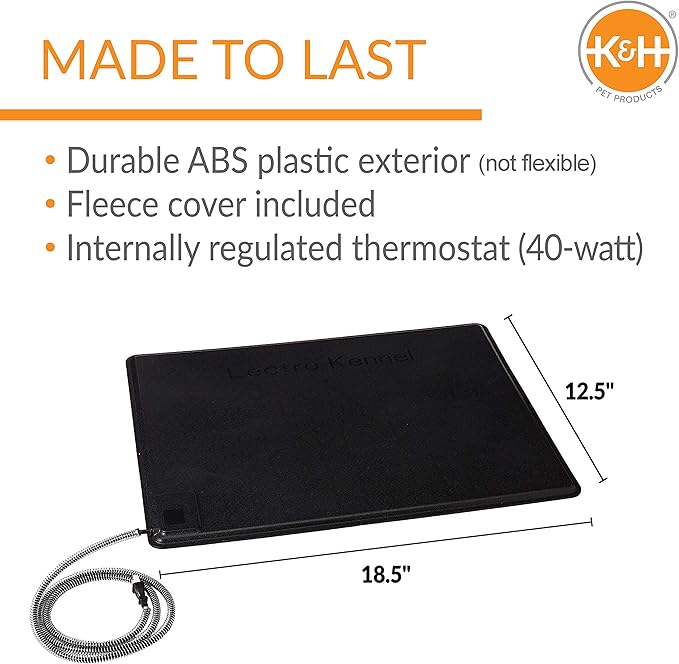 K&H Pet Products Lectro-Kennel Heated Outdoor Dog Pad, Durable Rigid ABS Plastic Waterproof Heated Pad for Dog & Cat Houses Outdoor, Washable Cover, Safety Listed - Small 18.5 X 12.5in Black 40W