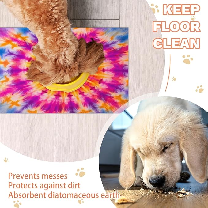 Tie Dye Dog Food Mat for Floors Absorbent, Quick Dry Water Dispenser Mat for Food, Water, Pet Supplies 16" x 24", Colorful Mandala
