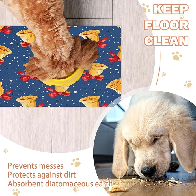 Christmas Bell Dog Food Mat for Floors Absorbent, Quick Dry Water Dispenser Mat for Food, Water, Pet Supplies 17" x 30", Winter Snowflake