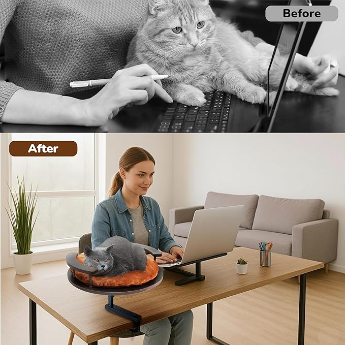 Up to 45LBS Cat Desk Bed - 360° Rotation & Adjustable Height, Pet Perch for Desks with Washable Cushion, Desk Cat Bed Attachment for Various Tables (Wood_Brown Cushion)