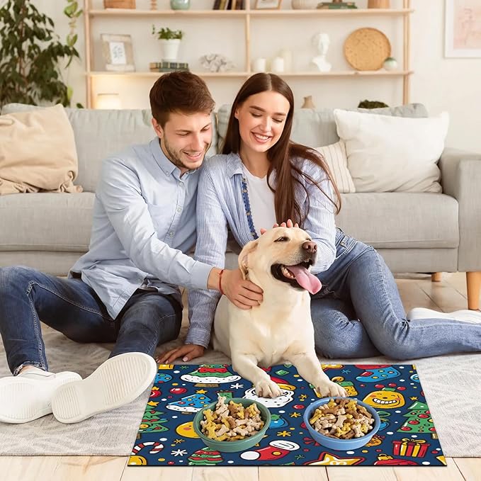 Cute Christmas Dog Food Mat for Floors Absorbent, Quick Dry Water Dispenser Mat for Food, Water, Pet Supplies 16" x 24", Tree Santa Claus