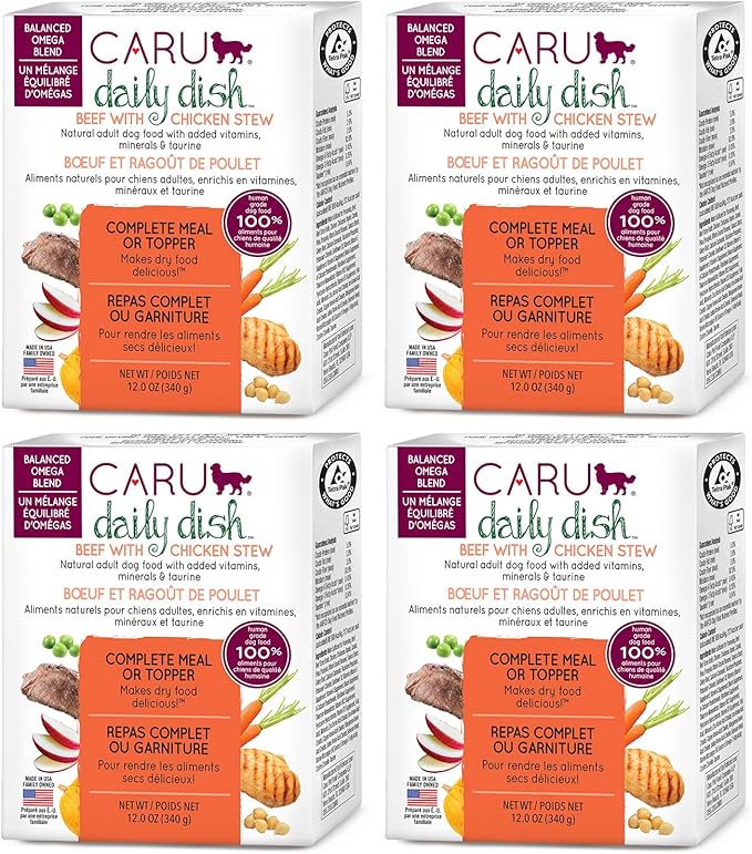 Caru - Daily Dish Beef with Chicken Stew - for Dogs - Supports Overall Pet Health - Wet Dog Food/Meal Topper - Grain, Corn & Soy Free - Non-GMO - Made in USA - 12 oz - Pack of 4
