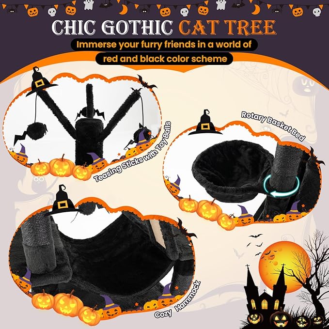 Tangkula Gothic Cat Tree, 67 Inch Tall Cat Tower with Sisal Scratching Posts and Ladder, 2 Cat Condos, Hammock, Basket Bed, Spooky Dangling Balls, Halloween Black Goth Cat Tree for Indoor Cats