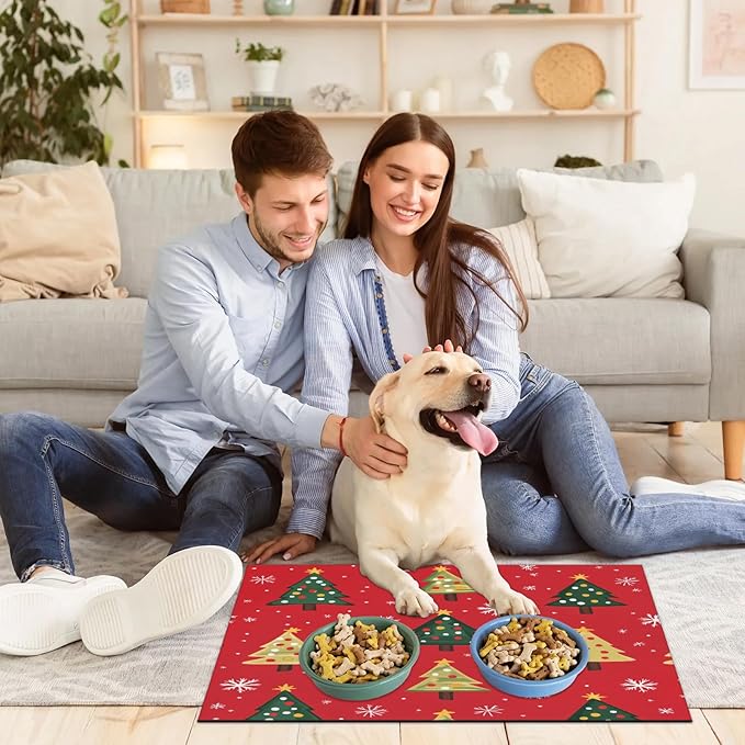 Xmas Trees Dog Food Mat for Floors Absorbent, Quick Dry Water Dispenser Mat for Food, Water, Pet Supplies 17" x 30", Christmas Snowflakes