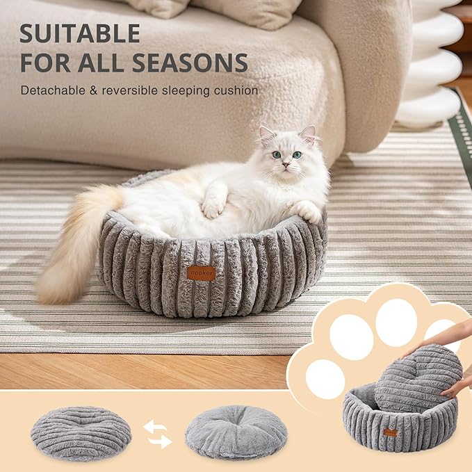 Cat Beds, Self Warming Cat Bed, Washable Pet Beds for Indoor Cats, Super Soft Faux Rabbit Fur Pet Bed for Puppy and Kitten with Anti-Slip Bottom (Grey, 20"x20"x8")