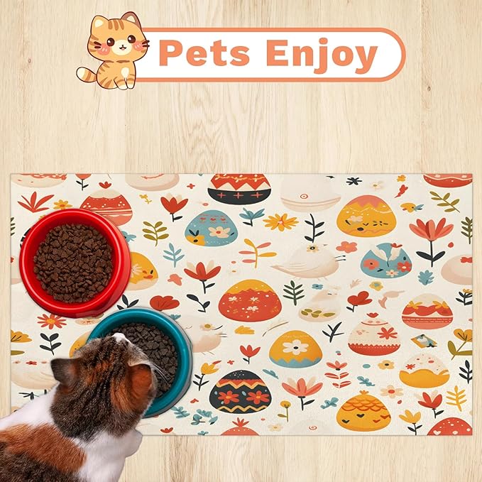 Spring Easter Dog Food Mat for Floors Absorbent Dog Bowl Mat for Food and Water Dispenser Quick Dry Cat Food Placemat Pet Supplies 12" x 20", Wildflower Egg