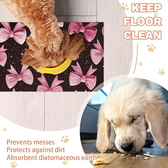 Bow Dog Food Mat for Floors Absorbent, Quick Dry Water Dispenser Mat for Food, Water, Pet Supplies 17" x 30", Pink Bowknot