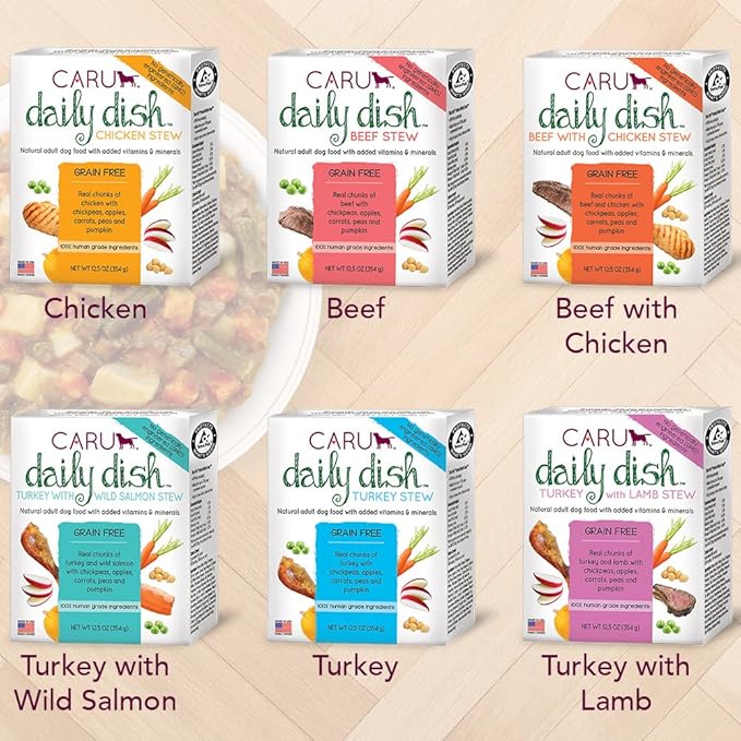Caru Daily Dish Turkey With Wild Salmon Stew, Natural Adult Wet Dog Food With Real Chunks Of Turkey And Wild Salmon, With Added Vitamins And Minerals, Non-Gmo Ingredients (12.5 Oz)
