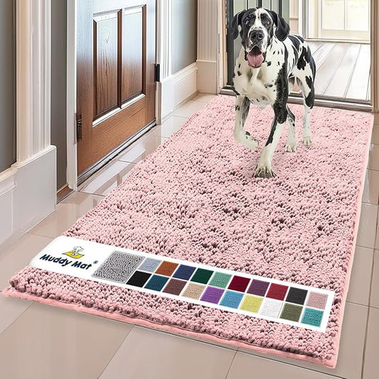 Muddy Mat® | Super Absorbent Door Mat Indoor, Microfiber Quick Dry Chenille Entryway Rug, Non-Slip Front Door Mat, Indoor Mats for Entryway, Machine Washable Pet Rug, Pink 24"x60"