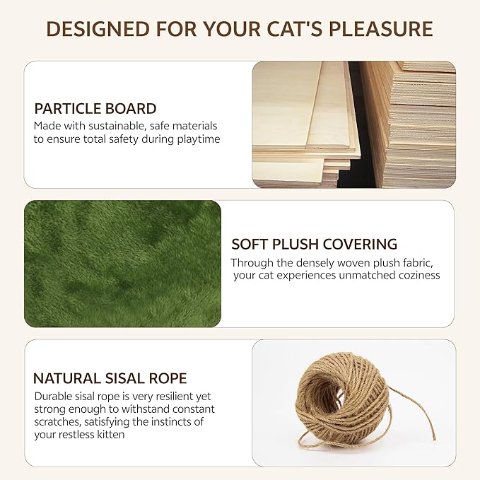 9-in-1 Cat Wall Shelves, Multi-Level Wall Mounted Cats Furniture Set with Plush Fabric, Floor Space-Saving Wooden Cat Climbing Wall Systems with Scratching Post, Bridge Ladder, Condos, Green