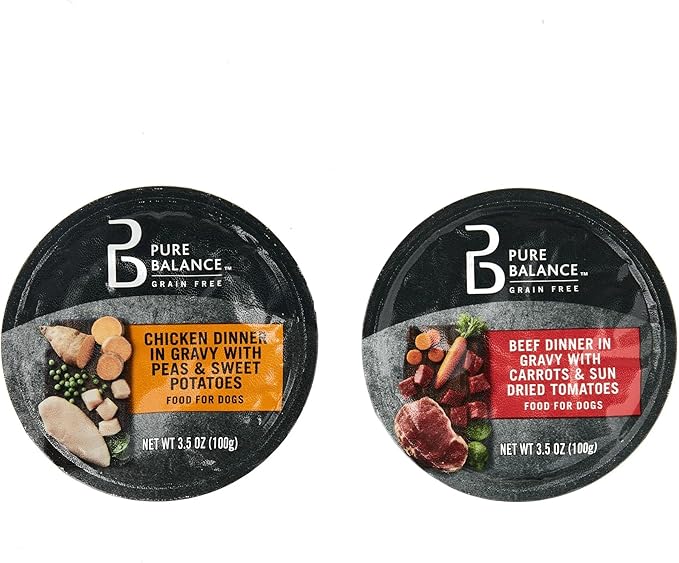 Pure Balance Grain-Free Wet Dog Food Variety Pack, Chicken Dinner with Peas & Sweet Potatoes and Beef Dinner with Carrots & Sun Dried Tomatoes in Gravy, 3.5 oz Cups (12 of 3.5 oz Cups)