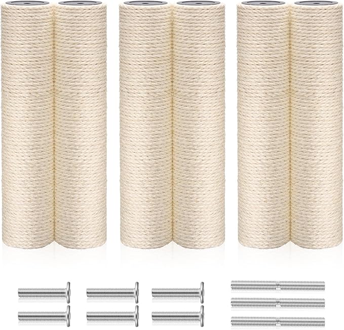 6 Pack Cat Scratching Post Replacement, White Hemp Rope Refill Scratching Post Cat Tree DIY Spare Cat Scratcher Large Cat Tower Refurbishment for Indoor Cats with M8 Screws, 3.5 x 15.8 Inches