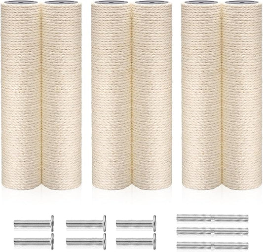 6 Pack Cat Scratching Post Replacement, White Hemp Rope Refill Scratching Post Cat Tree DIY Spare Cat Scratcher Large Cat Tower Refurbishment for Indoor Cats with M8 Screws, 3.5 x 15.8 Inches