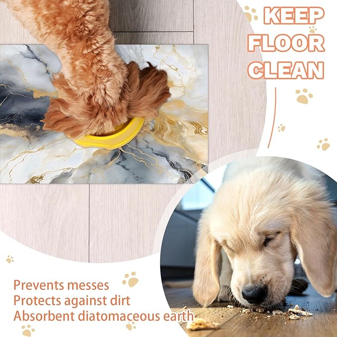 Grey Marble Dog Food Mat for Floors Absorbent, Quick Dry Water Dispenser Mat for Food, Water, Pet Supplies 12" x 20", Gold Abstract