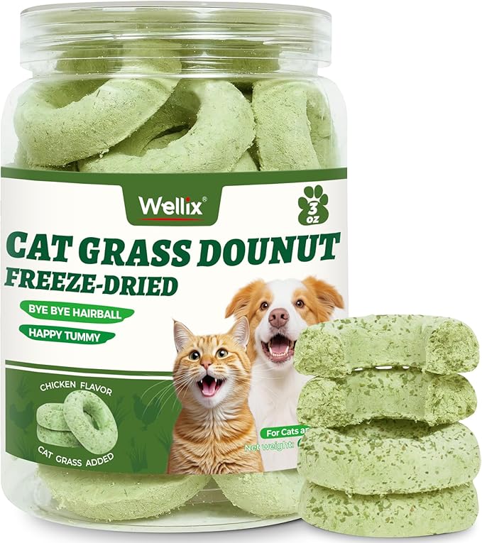 Wellix Cat Grass Treats Freeze-Dried Donut for Cats & Dogs - Hairball Control,Gut Health for Dental Cat Treats - Natural Teeth Cleaning for Kittens Training Snacks Chicken Formula 3oz