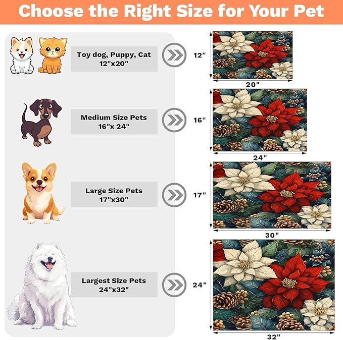 Christmas Flower Dog Food Mat for Floors Absorbent, Quick Dry Water Dispenser Mat for Food, Water, Pet Supplies 24" x 32", Pine Cones