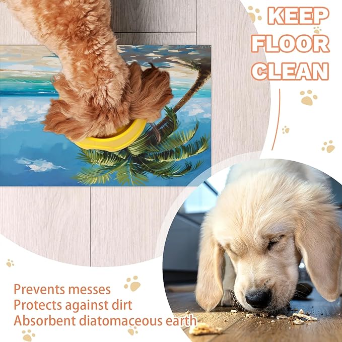 Palm Tree Dog Food Mat for Floors Absorbent, Quick Dry Water Dispenser Mat for Food, Water, Pet Supplies 12" x 20", Ocean Island