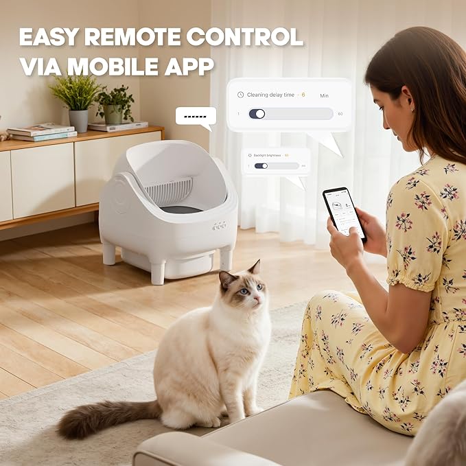 Greesum Self Cleaning Cat Litter Box – Automatic Open-Top Smart Litter Box with App Control, 15L Odor-Sealed Waste Bin, Ultra Quiet 35dB, Multi-Cat & Large Cat Compatible, with Trash Bags & Mat