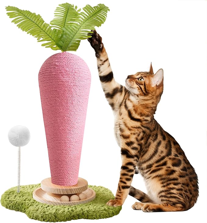 Cute Cat Scratching Post, Carrot Cat Scratcher Post with Durable Natural Wooden Turntable Toy and Catnip, 24'‘ H Carrot Shape Design Sisal Cat Tree Sisal Scratcher for Indoor Cats (Cloud Base)
