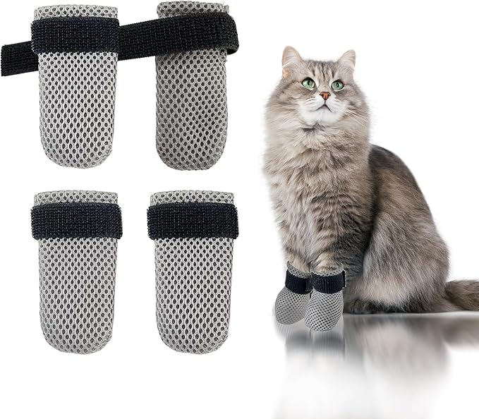 4Pcs Cat Scratch Cover for Nursing Rehabilitation Cat Boots Adjustable Pet Bath Gloves，Anti-Scratch Pet Grooming Booties for Bathing (Grey)