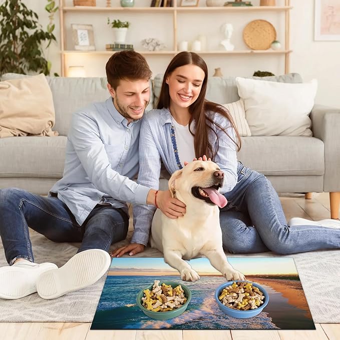 Ocean Beach Dog Food Mat for Floors Absorbent, Quick Dry Water Dispenser Mat for Food, Water, Pet Supplies 17" x 30", Teal Blue Coastal