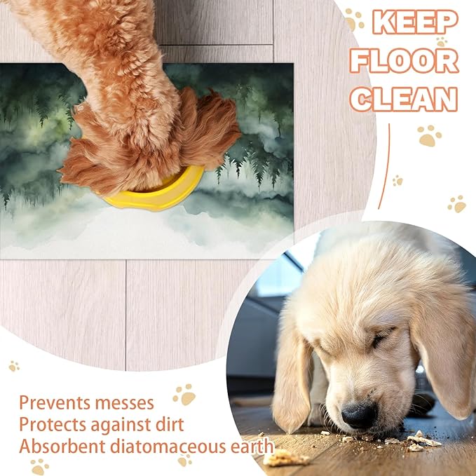 Misty Forest Dog Food Mat for Floors Absorbent, Quick Dry Water Dispenser Mat for Food, Water, Pet Supplies 12" x 20", Nature Woodland