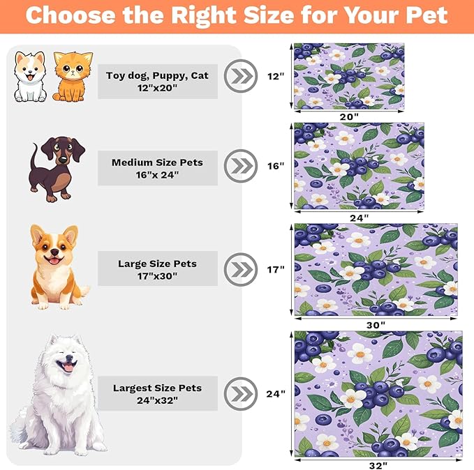 Watercolor Blueberry Dog Food Mat for Floors Absorbent Dog Bowl Mat for Food and Water Dispenser Quick Dry Cat Food Placemat Pet Supplies 17" x 30", Summer Floral