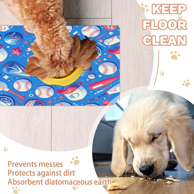 Baseball Dog Food Mat for Floors Absorbent, Quick Dry Water Dispenser Mat for Food, Water, Pet Supplies 16" x 24", 4th of July