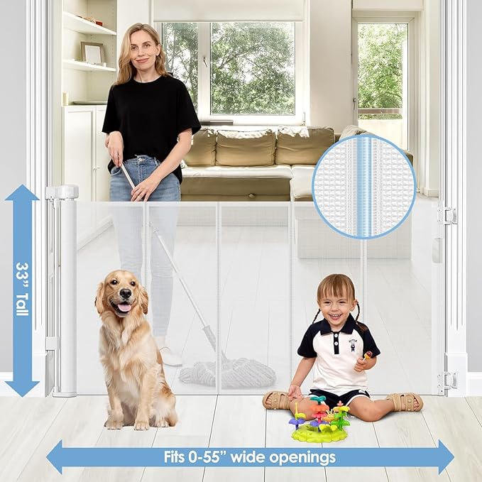 Reinforced Retractable Baby Gates with Support Rods, Retractable Pet Gate for Dog Prevent Bottom Crawling Through, Extends up to 55” Wide, Reinforced Mesh Stairs Gate for Kids Child Safety Gate, White