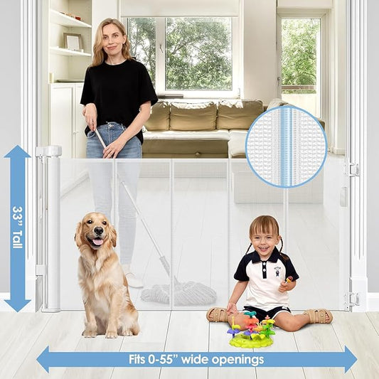 Reinforced Retractable Baby Gates with Support Rods, Retractable Pet Gate for Dog Prevent Bottom Crawling Through, Extends up to 55” Wide, Reinforced Mesh Stairs Gate for Kids Child Safety Gate, White