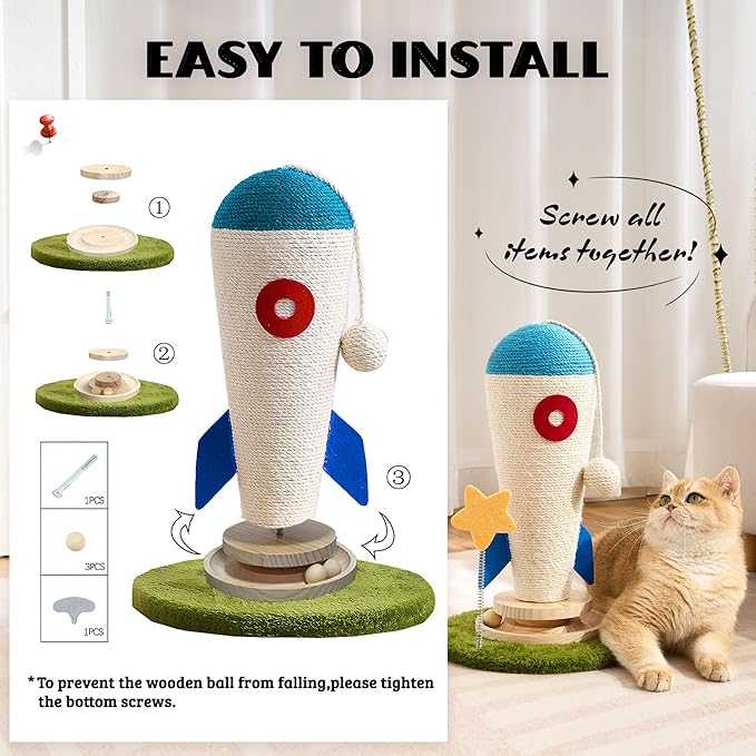 Cat Scratching Post, Rocket Cute Sisal Cat Scratcher with Durable Solid Wood Turntable Toy, Cat Scratch Post Red Cat Scratcher with Spinning Star Toy for Indoor Adult Cats