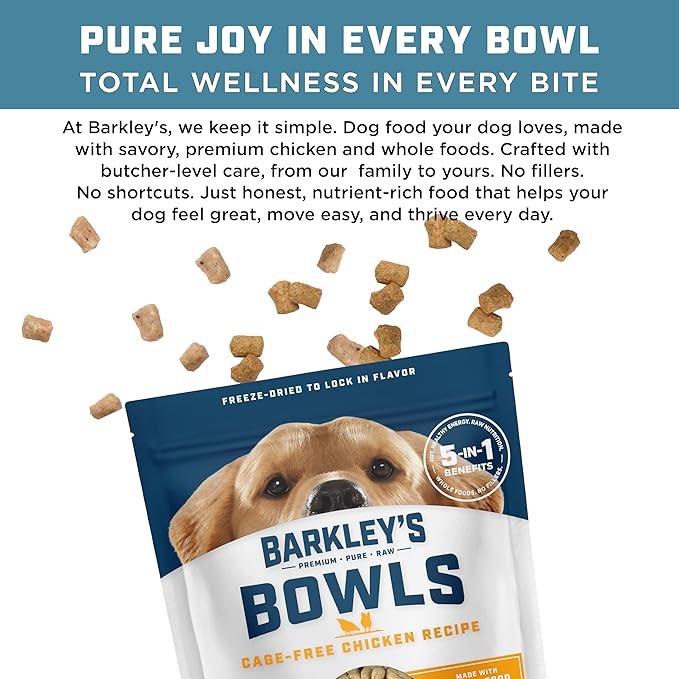 Barkley’s Bowls, Freeze-Dried Raw Chicken Dog Food, Fresh Whole Food Ingredients with Cage-Free Chicken, Grain Free, High Protein for Balanced Nutrition, Dog Treats or Topper, 16 Oz Bag (3 Pack)