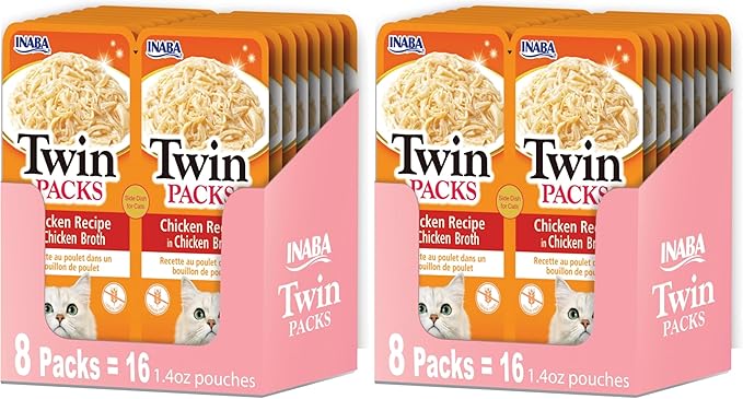 INABA Twin Packs for Cats, Side Dish/Topper Pouch, 1.4 Ounces per Serving, 16 Servings, Chicken Recipe in Chicken Broth (Pack of 2)