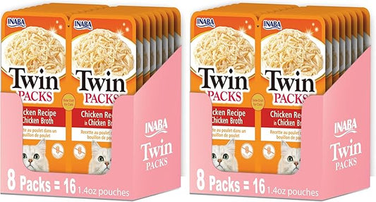 INABA Twin Packs for Cats, Side Dish/Topper Pouch, 1.4 Ounces per Serving, 16 Servings, Chicken Recipe in Chicken Broth (Pack of 2)