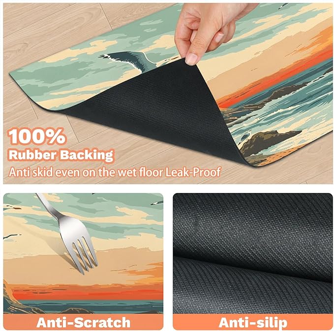 Beach Coastal Dog Food Mat for Floors Absorbent, Quick Dry Water Dispenser Mat for Food, Water, Pet Supplies 12" x 20", Ocean Landscape