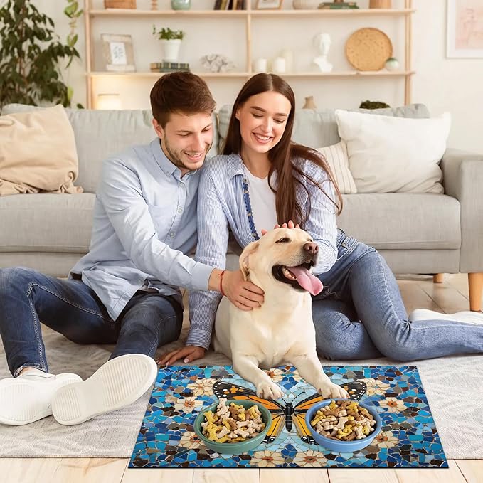 Butterfly Dog Food Mat for Floors Absorbent, Quick Dry Water Dispenser Mat for Food, Water, Pet Supplies 16" x 24", Colorful Floral