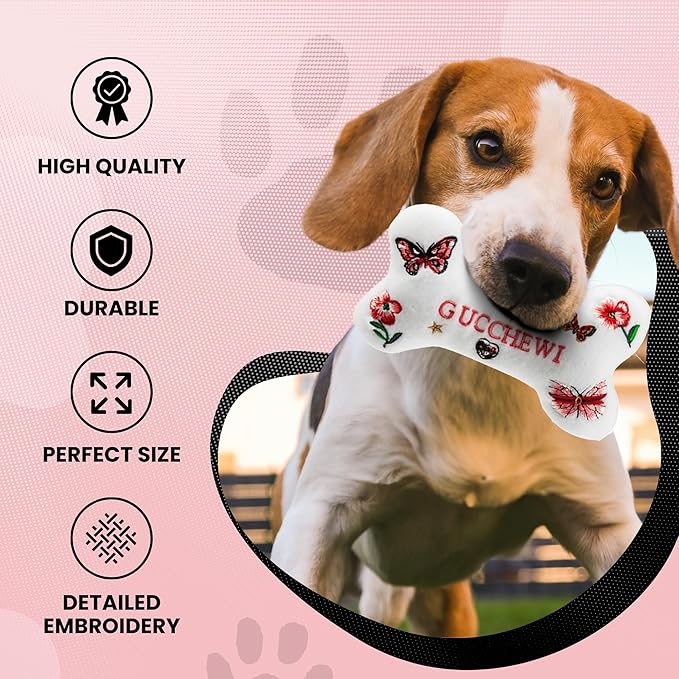 Dog Diggin Designs Gucchewi Butterfly Plush Dog Toy Bone | Luxury-Inspired Parody Designer Bone with Squeaker, Soft Plush Chew & Play Dog Toy – Prêt-à-Porter Play!