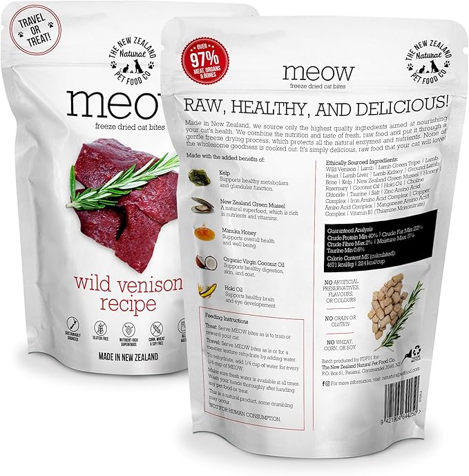Meow Freeze Dried Raw Cat Food Bundle – Wild Brushtail (1.76 oz) & Wild Venison (1.76 oz), High Protein, Natural Cat Food Topper, Mixer, or Treat