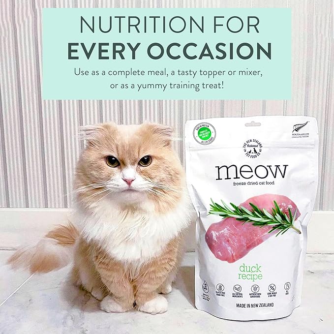 The New Zealand Natural Pet Food Co. Meow Freeze Dried Cat Food - Duck Recipe, High Protein, Use as a Complete Diet, Topper, Mixer, or as Cat Treats, All Life Stages, 9.9 oz