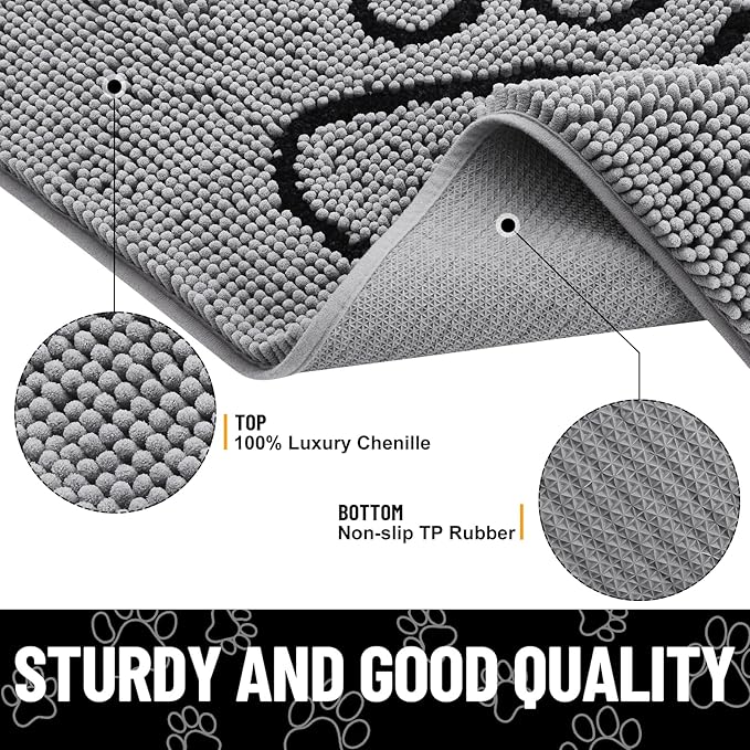 Smiry Dog Door Mat for Muddy Paws, Absorbent Dirt Trapper Non Slip Quick Dry Washable Chenille Mat for Mud Dogs, Entry Rug for Indoor and Outdoor (45x27 Inches, Grey and Black)