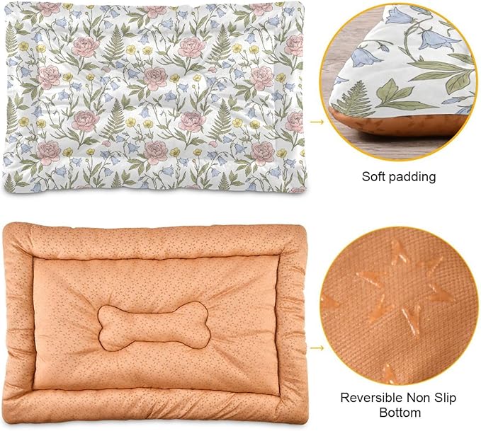 Dog Bed for Crate Washable Pet Sleep Pad, Floral Print Kennel Mat with Non-Slip Bottom, Soft Fluffy Supplies Pet for Dogs and Cats (36x24 inch)