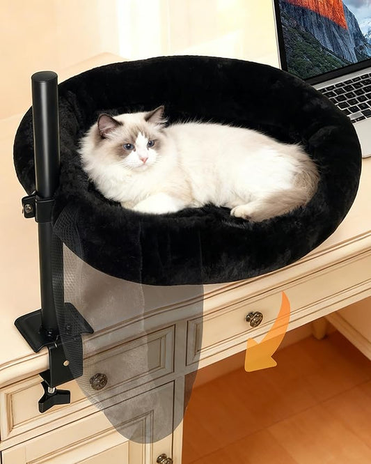 L&W BROS. Cat Desk Bed, 20.5"x18.5" Foldable Clamp-On Desk Cat Hammock for Large Cats, 50lb Capacity Space-Saving Desk Cat Perch with Washable Plush Fleece Cover for Gaming & Office Desk