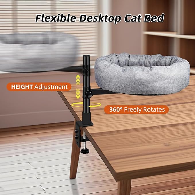 Desk nest cat Bed，cat Bed for Desk Attachment with Soft and Thick Cushions ，Rotation & Adjustable Height -Cats Up to 45 lbs (Grey) ，Cat Bed Desk attachmen for Home Office