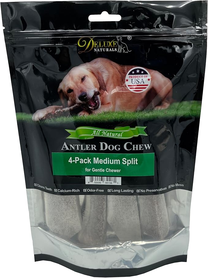 4 Pieces Medium Split Elk Antler Dog Chew (5.5 to 7 inches) – All Natural, Premium Grade A, Odor-Free, USA-Sourced – Long-Lasting Dental Treats for Small Dogs Under 35 lbs