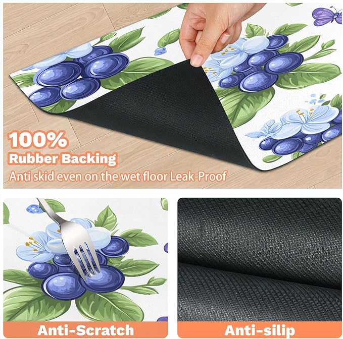 Blueberry Fruit Dog Food Mat for Floors Absorbent Dog Bowl Mat for Food and Water Dispenser Quick Dry Cat Food Placemat Pet Supplies 16" x 24", Green Leave