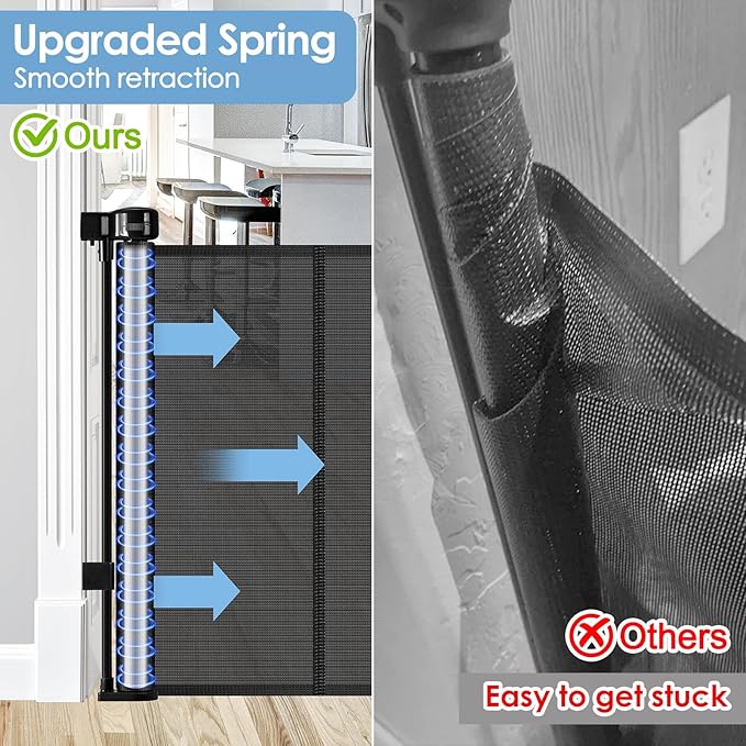 Reinforced 120 Inch Extra Wide Retractable Baby Gates with Support Rods, Upgrade Retractable Dog Gate to Prevent Bottom Crawling Through, 10 Ft Extra Long Mesh Gate Pet Gate for Large Openings, Black